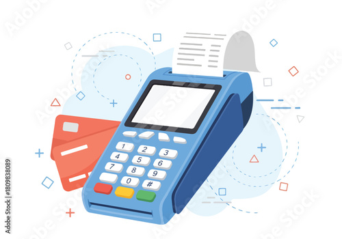 Modern payment terminal with credit cards and receipt - Flat Vector Illustration, icon. Editable stroke. Colored vector illustration