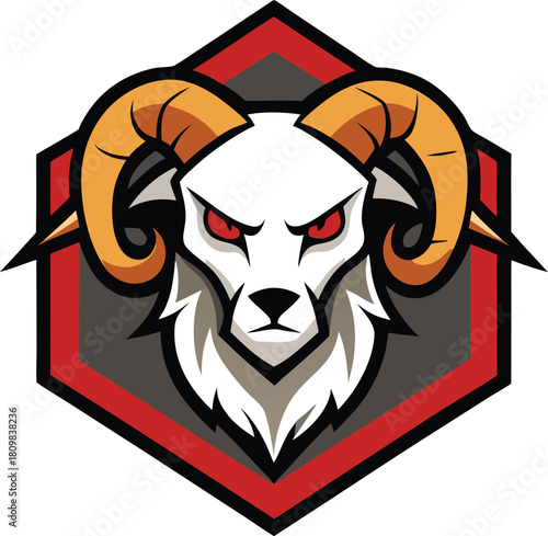 Fierce ram head emblem with red eyes isolated on white background