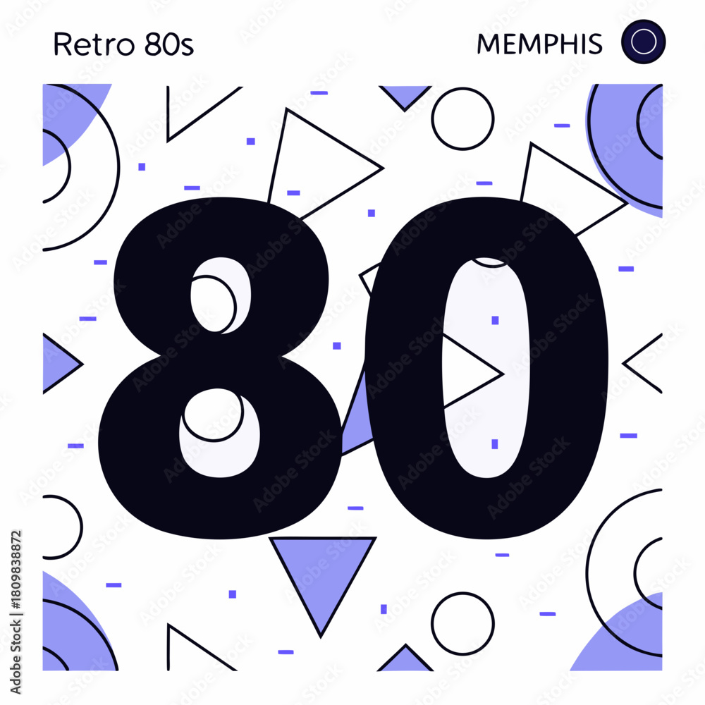 Obraz premium Retro 80s memphis design with geometric shapes and large number 80