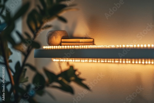 A modern, minimalist shelf with a warm, glowing LED strip illuminates a small stack of books and a decorative object, with soft shadows cast by nearby green leaves for a cozy, ambient atmosphere.