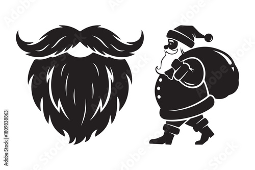 Black silhouette of santa claus with gift bag and large beard