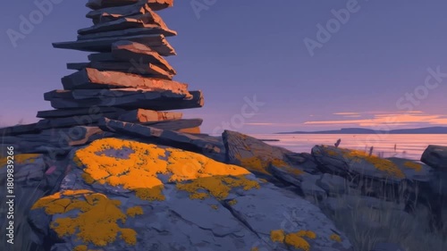 A stylized illustration features a balanced stone stack on a mossy boulder, and a tranquil seascape