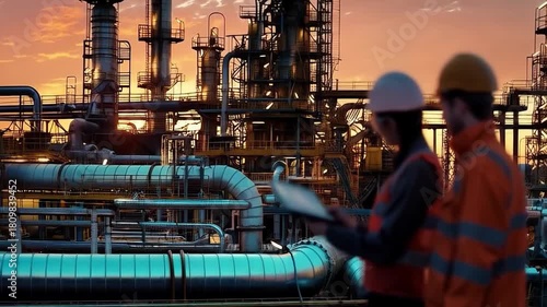 Wallpaper Mural Engineers in protective suits discuss data on a tablet against the backdrop of an industrial sunset, which is relevant as the main background for presentations on technological innovations.
 Torontodigital.ca