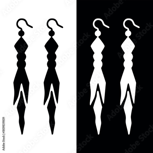 Monochrome Set of Black and White Dangle Earrings with Diamond and Tribal Leaf Jewelry Design