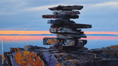 A stack of rocks, or a cairn, atop a rocky shore, with a sunset sky and water horizon