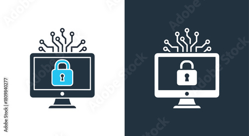 Two computer screens with padlock icons - Vector icon symbol for website - Icon vector - Blue icon vector - Line and glyph solid icon and logo template