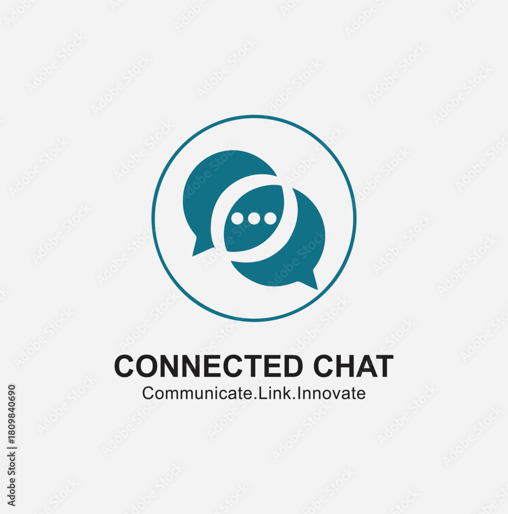 Obraz premium A modern logo featuring two overlapping speech bubbles with an ellipsis, enclosed in a circle, representing connection, communication, chat, and dialogue.