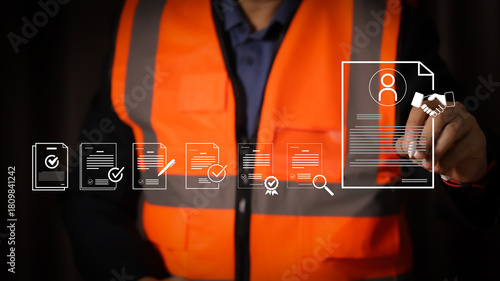 Construction worker signing digital contract agreement. Engineering business partnership and employment concept. Man hand using stylus pen on modern virtual document interface.