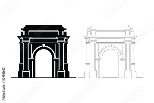 Black and white illustration of a triumphal arch in silhouette and line drawing