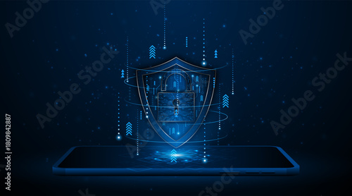 Cyber ​​security concept with shield symbol and lock on tablet or smartphone. Data protection and cyber privacy. Innovative concept of advanced safety technology	