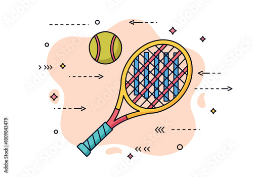 Tennis racket and ball with informational graphics and abstract shapes - Flat Vector Illustration, icon. Editable stroke. Colored vector illustration