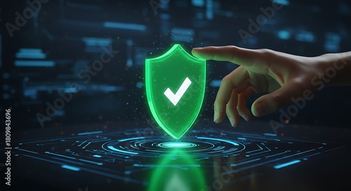 Cybersecurity protection and data privacy with shield icon and hand