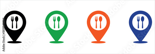 Find local restaurants with this stylish food location pin set perfect for travel apps and online restaurant guides, bright and colorful designs.