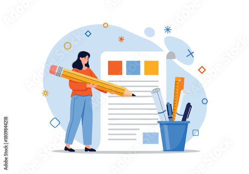 Woman with giant pencil completing a task or survey - Flat Vector Illustration, icon. Editable stroke. Colored vector illustration