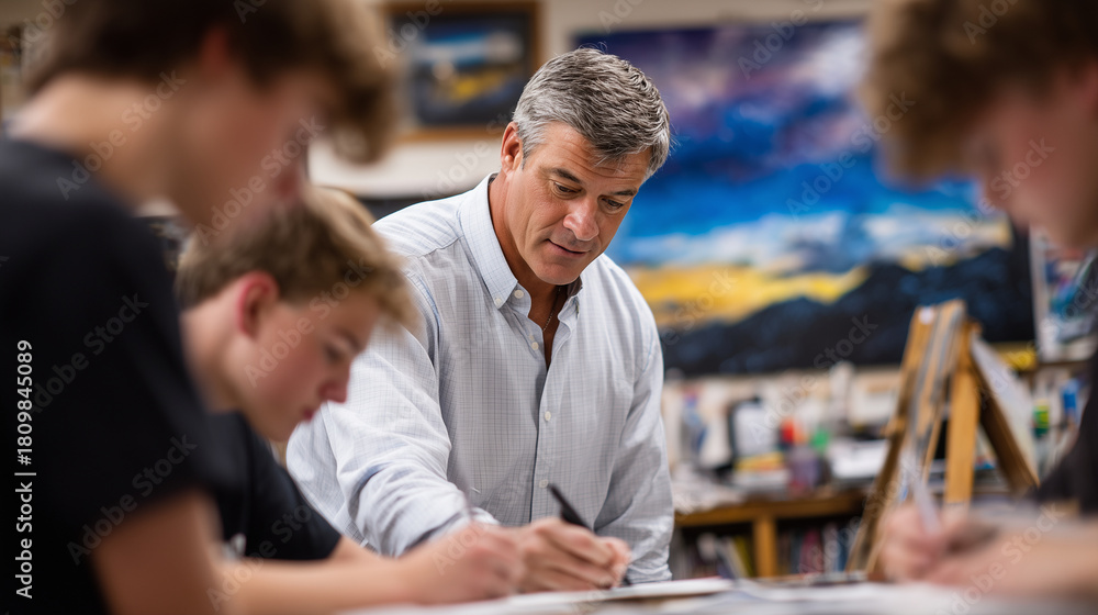 Fototapeta premium Creative arts lecture, teacher showing slides of artwork, students sketching or taking notes, studio-like classroom with easels, materials, and visual inspiration.