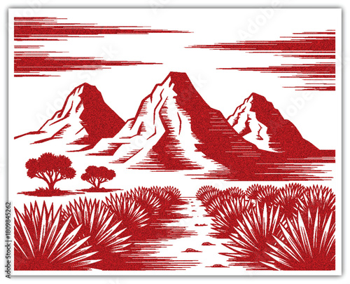 Agave field harvest, retro engraved woodcut illustration, celebrating traditional tequila production, hand-drawn vector scene, ideal for rustic menu, vintage poster, Mexican heritage concept, digital 