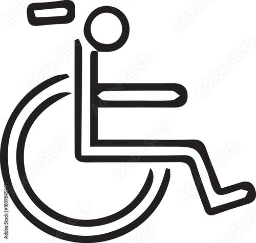 Simple graphic icon representing a person in a wheelchair, symbolizing accessibility and mobility.