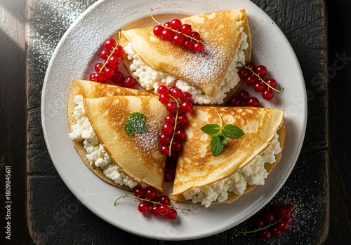 Golden crepes filled with creamy cottage cheese and fresh red currants make a tasty brunch or dessert, perfect for springtime celebrations or a cozy weekend