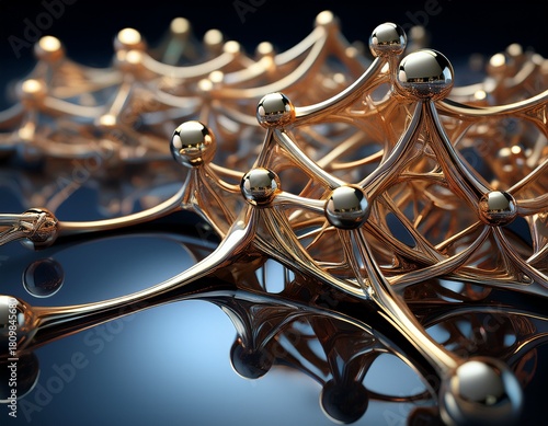 metallic molecular structures arranged artistically on a reflective surface showcasing science and abstraction in design