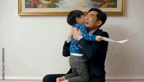 A heartwarming moment as a young boy presents a drawing to his father, who embraces him with love and gratitude.