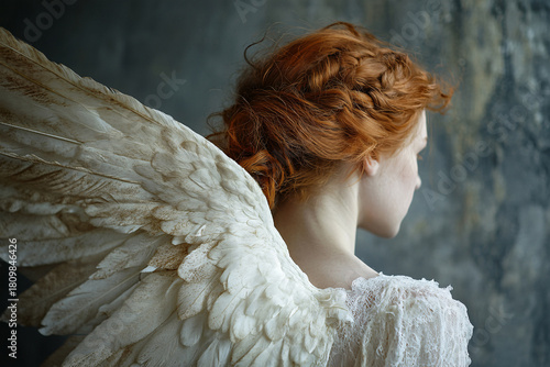 Back view of young female angel with red hair and white feather wings on back