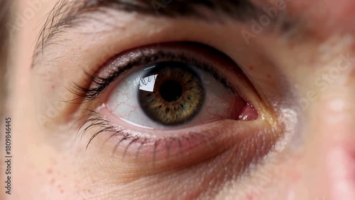Close-up of a human eye, showing the iris, pupil, and surrounding skin, with detailed textures and reflections.