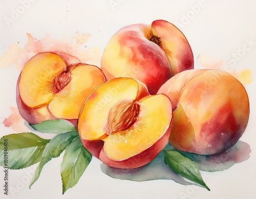 watercolor painting of whole and sliced peaches
