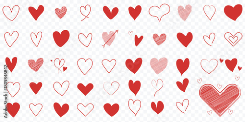 Doodle hearts sketch set. Various different hand drawn heart icon love collection isolated on transparent. Red heart symbol for Valentines Day. Hand Sketched Heart Scatter Seamless Vector Pattern Pack