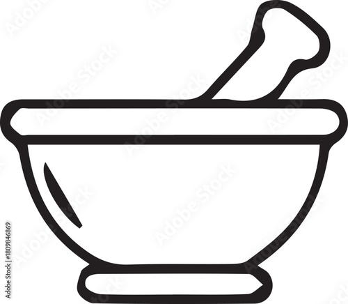 Simple line drawing of a mortar and pestle, representing grinding and mixing ingredients.