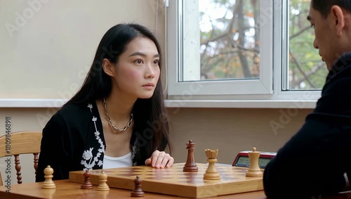 Young Asian Woman Playing Chess with an Opponent in a Bright Room with a Window.