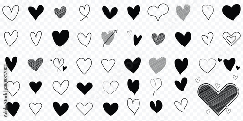 Doodle hearts sketch set. Various different hand drawn heart icon love collection isolated on transparent. Red heart symbol for Valentines Day. Hand Sketched Heart Scatter Seamless Vector Pattern Pack