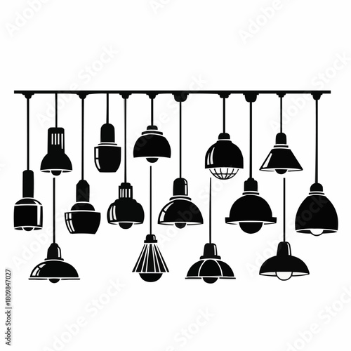 Assortment of hanging light fixtures shown in black silhouette style.