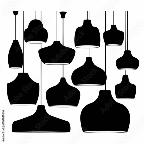 Collection of various modern pendant light fixtures in silhouette.