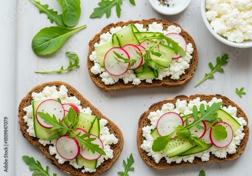 Enjoy fresh open-faced sandwiches with creamy cottage cheese, crunchy cucumbers, and spicy radishes for a healthy and flavorful meal anytime