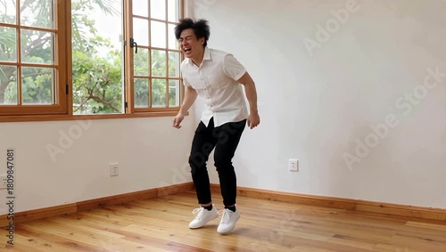 Young man in white shirt and black pants dancing happily in an empty room with wooden floors and large windows.