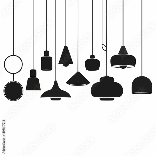 Collection of modern pendant lights hanging from the ceiling in a row.