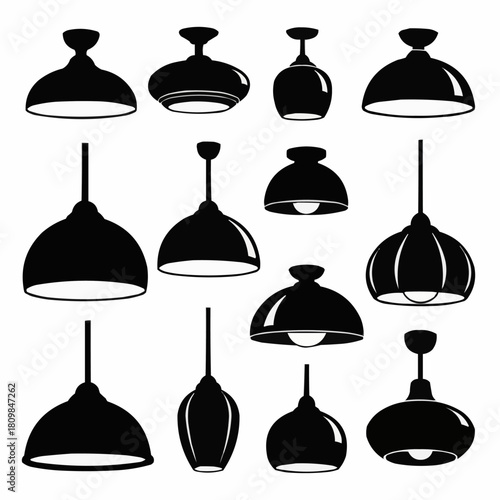 Collection of Black Silhouettes of Various Pendant Light Fixtures.