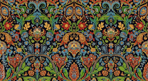 Intricate and colorful floral pattern with a dark background, reminiscent of traditional textile designs.