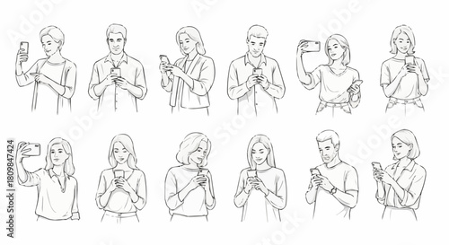 Diverse group of people using smartphones in various poses.
