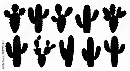Silhouette collection of various cactus plants in black color on white background.