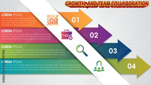 Four Arrow Infographic With Business Icons Showing Step-by-Step Workflow, Team Collaboration, Strategy Planning, and Growth Process for Professional Presentations