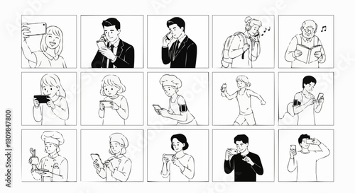 Diverse people interacting with mobile phones in various situations.