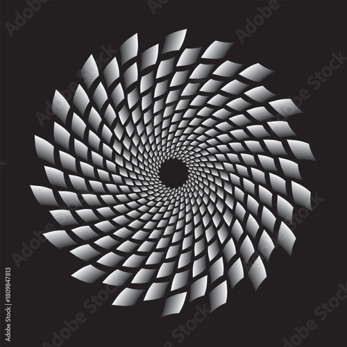 Silver geometric spiral pattern with dynamic rotating shapes