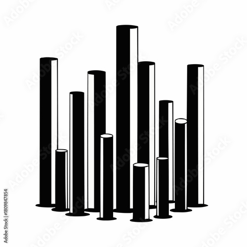 Black and white illustration of cylindrical pillars in varying heights.