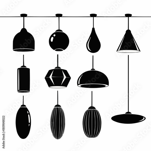 Collection of diverse modern pendant light fixtures silhouettes.