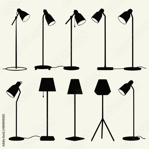 Collection of various floor lamps and desk lamps silhouettes.
