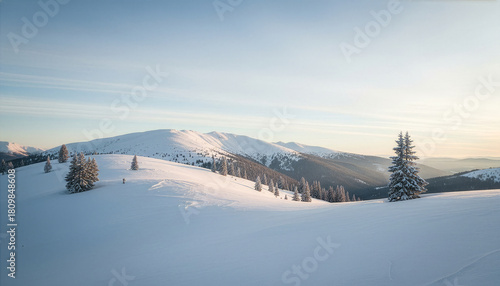 Pristine Winter Mountain Landscape with Snow Covered Hills and Evergreen Trees at Sunrise.