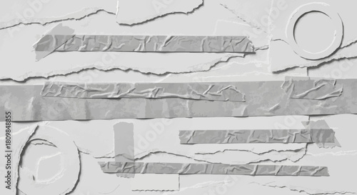 Abstract monochrome composition with wrinkled tape and ripped paper.