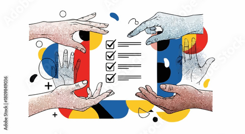 Hands holding a checklist representing voting and elections in different countries.