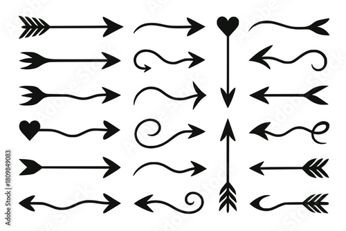 Vector-style arrangement of elegant arrows, each with different pointed, curved, or heart-shaped tips, white background